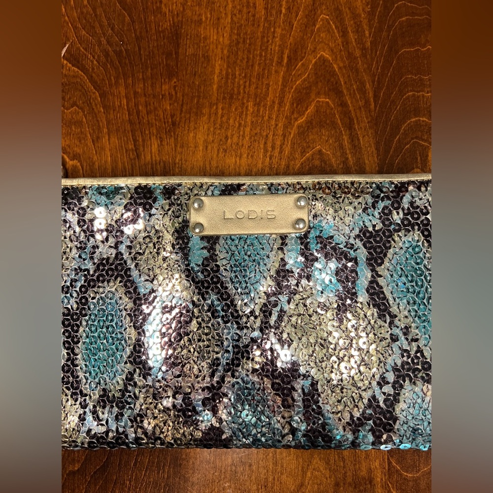 Lodis Clutch Bag Sparkly Animal Print Blue Silver - Picture 12 of 12